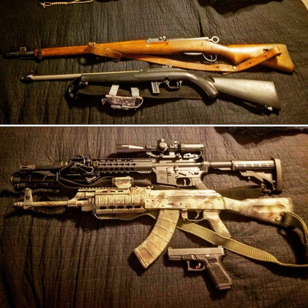 photo of two ar-15 rifles a bolt action and glock handgun